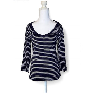 NWT Three Dots Navy & White Stripe ¾ Sleeve V-Neck Tee – Medium